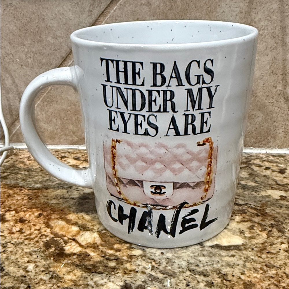 CHANEL (inspired) White Mug with Black Text and Pink Bag Design - Picture 2 of 2